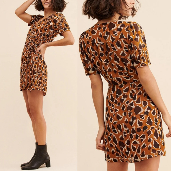 J.O.A. Dresses & Skirts - Anthropologie J.O.A. Dotted + Spotted Wrap Mini Dress Brown Multi Size L